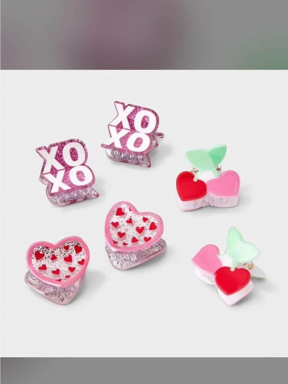 Cat & Jack Pink, Red & Mint Heart and XO Glitter Hair Clips Set